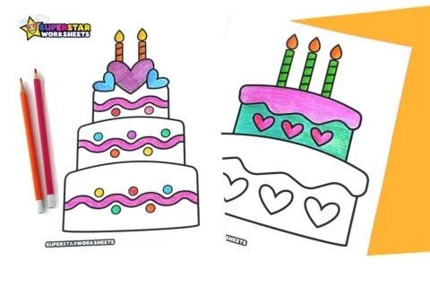 Birthday cake coloring sheet with balloons, candles, and a birthday greeting for preschoolers