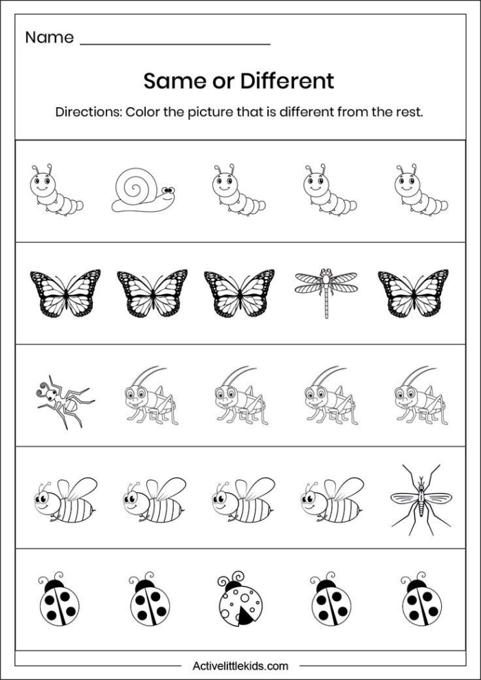 Bug measurement worksheet for preschoolers featuring matching bugs by size number 23 Preschool Same Size worksheet with colorful bugs for size comparison activity