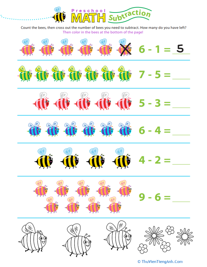 Engaging Preschool Math: Take Away the Bugs activity sheet for early learners Colorful worksheet featuring subtraction problems with bugs for preschoolers
