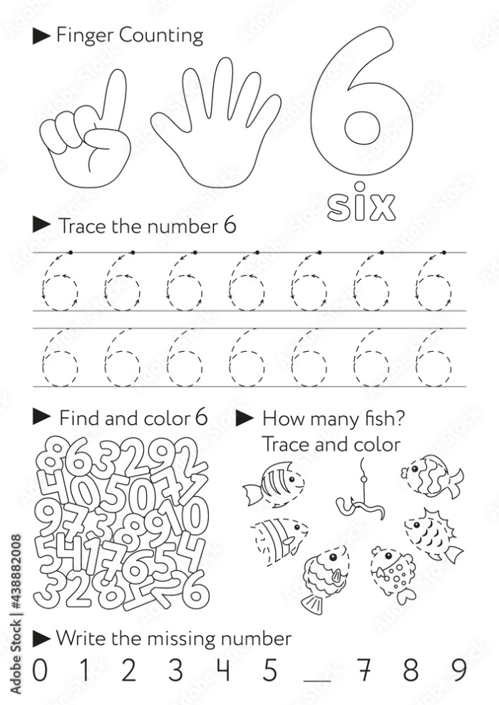 Color and count activity focusing on the number six for early learners on page 22 Preschool worksheet where children color spaces with number 6 to uncover stars