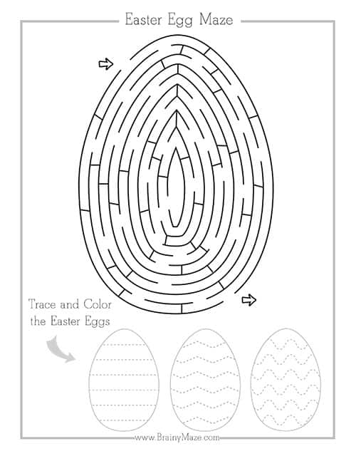 A colorful Easter eggs maze activity for preschool children to practice following paths and early math skills