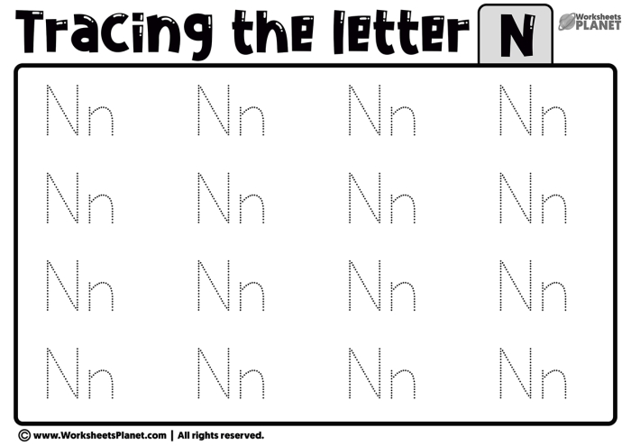 Tracing worksheet for preschoolers to practice writing the letter N and enhance fine motor skills
