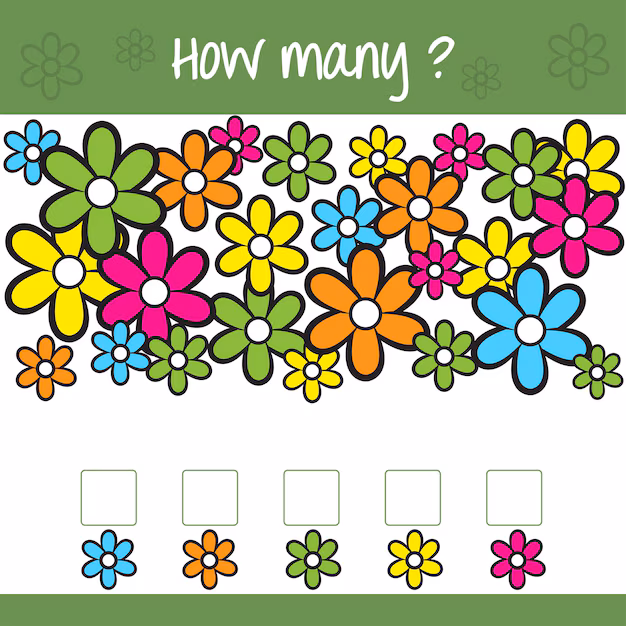 Counting flowers worksheet for Pre-K students to practice subtraction skills A colorful flower-themed worksheet for preschoolers focusing on subtraction