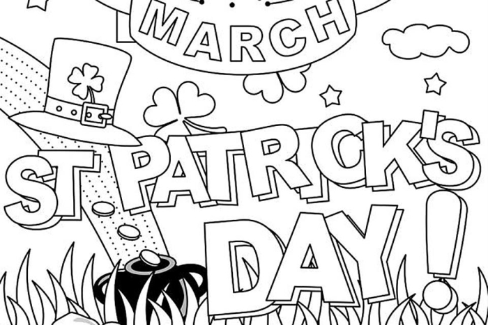 Preschool St. Patrick's Day coloring sheet featuring fun Irish symbols for early learners