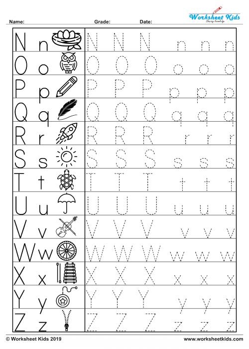 Handwriting practice sheet focusing on letters x, y, and z for young learners Tracing worksheet for lowercase letters x, y, and z designed for preschool handwriting practice
