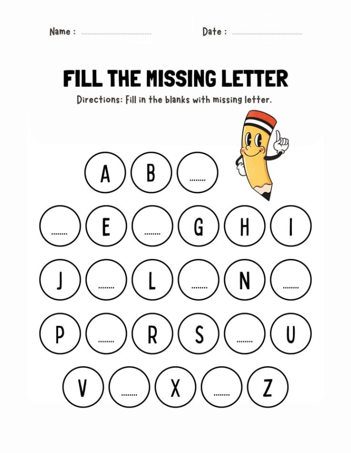 Pre-K ABC writing practice sheet focusing on onset rime skills Preschool handwriting worksheet showing missing letters A, B, and C for kids to complete