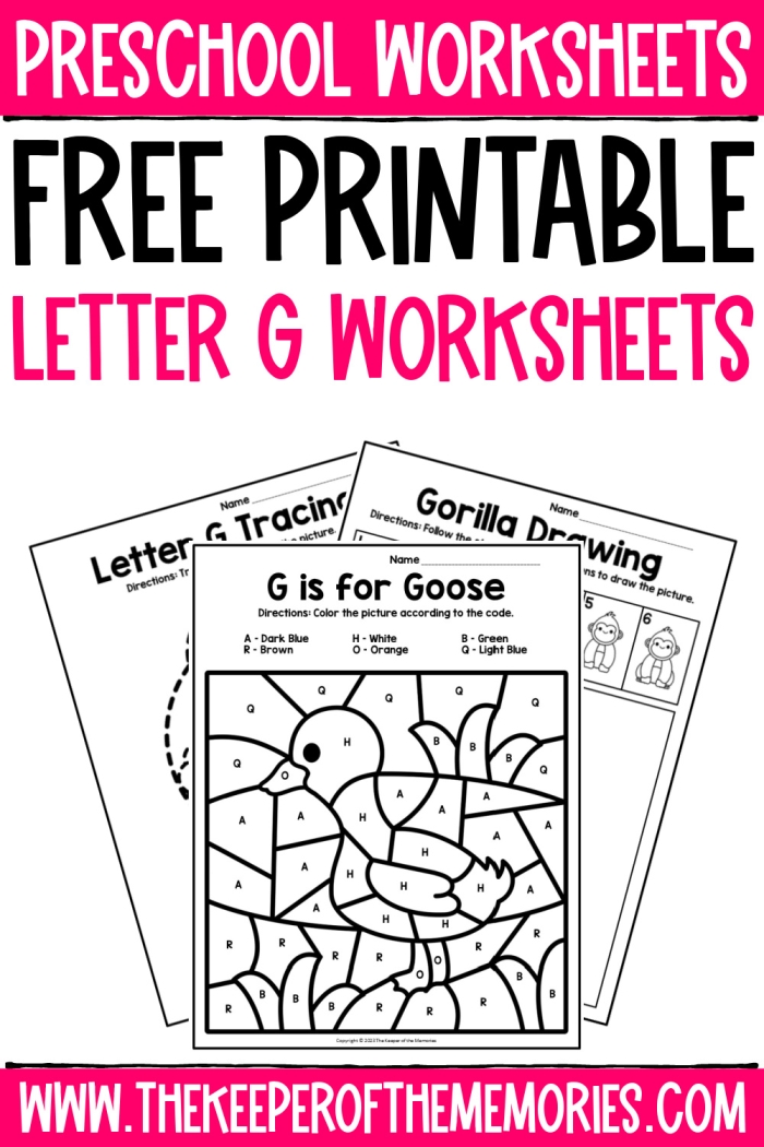 Preschool addition worksheet featuring the letter G with coloring activities
