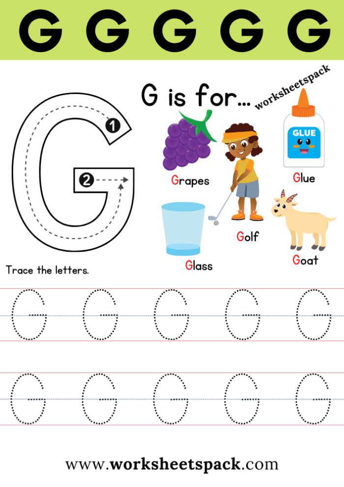 Preschool addition worksheet featuring the letter G with coloring activities for early learners