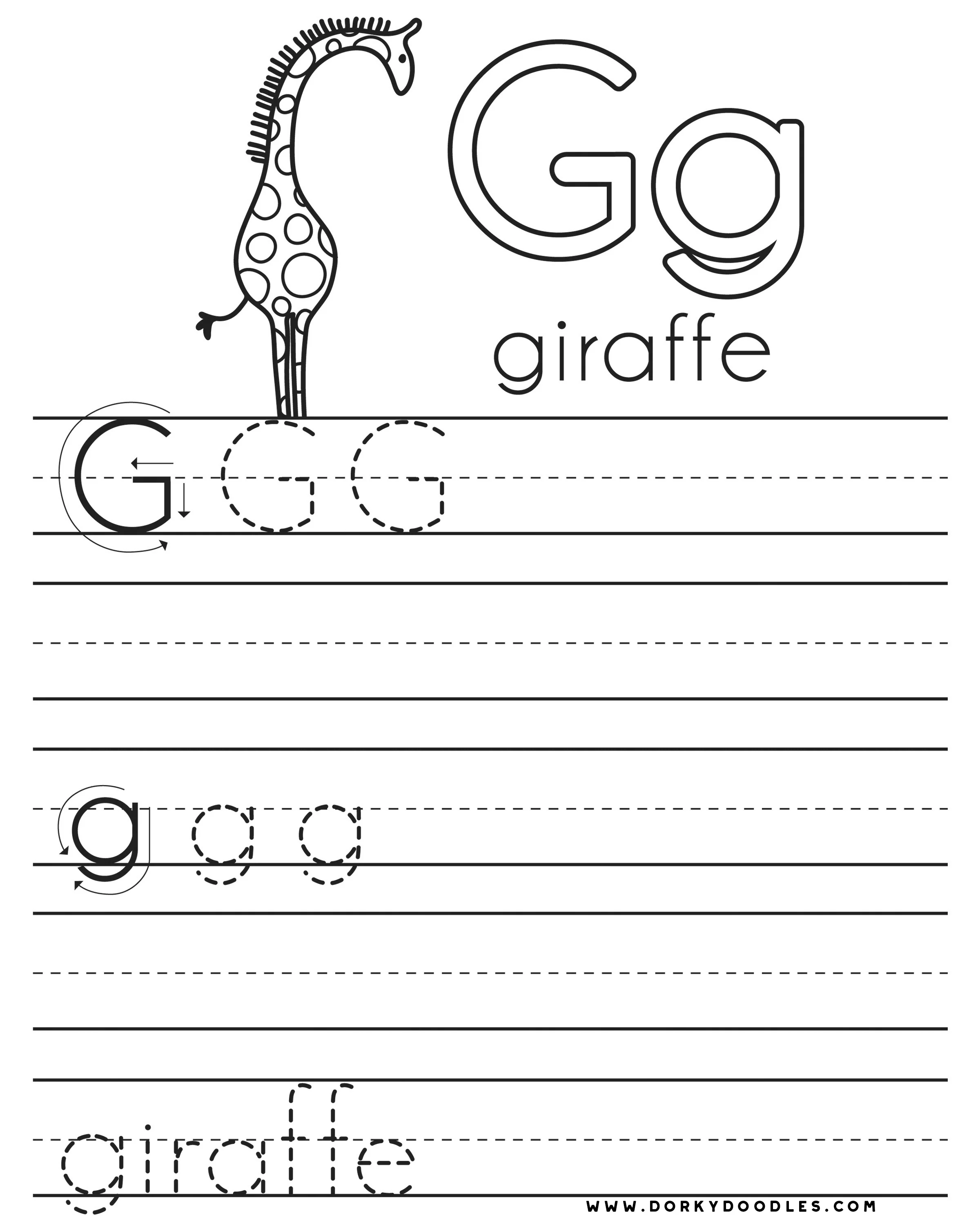 Preschool addition worksheet featuring the letter G with colorful illustrations for learning and coloring