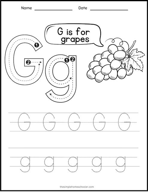 Preschool addition worksheet featuring the letter G with colorful images for tracing and coloring