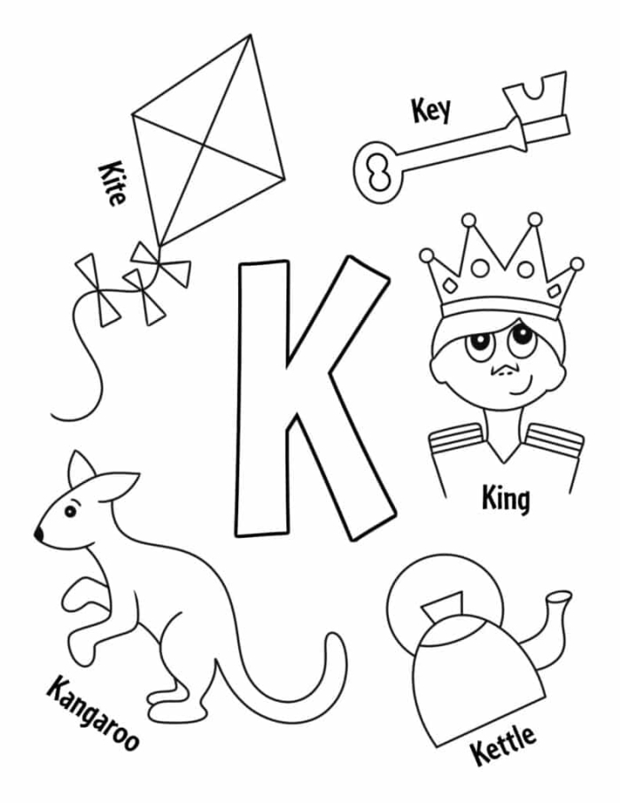 Preschool worksheet focusing on the letter K with coloring activities and letter sound practice