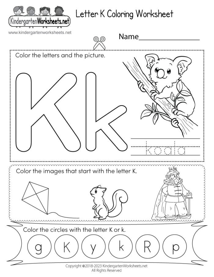 Preschool letter K worksheet for alphabet and sound practice with coloring fun