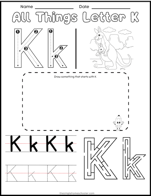 Preschool worksheet featuring the letter K with colorful illustrations for learning sounds