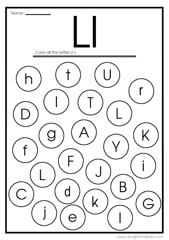 Fun L Is For... worksheet to teach letter sounds and the alphabet in Pre-K class Preschool letter L practice worksheet with coloring activities for early learners