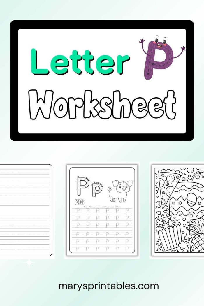 Colorful P Is For... worksheet for preschoolers learning letter sounds and geometry concepts Preschool child coloring a P Is For... worksheet focused on the letter P and shapes