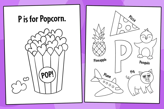 Fun and educational P Is For worksheet for Pre-K geometry learners to color and explore letter P sounds Preschool P Is For worksheet with colorful pictures for learning the letter P and practicing sounds