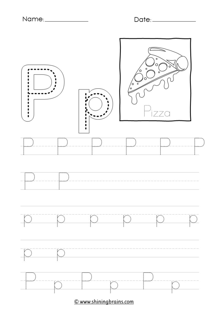 Fun letter P activities including coloring exercises and letter recognition practice for pre-kindergarten learners Preschool letter P worksheet with tracing lines and colorful pictures for children to practice writing and recognizing the letter P