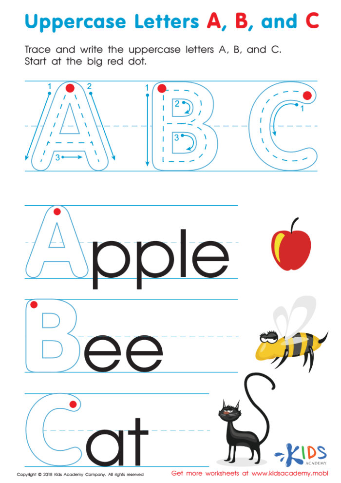 Worksheet image 18 showing fill-in-the-letters ABC activity for early learners in handwriting practice Preschool handwriting worksheet for filling in missing A, B, and C letters focusing on letter recognition