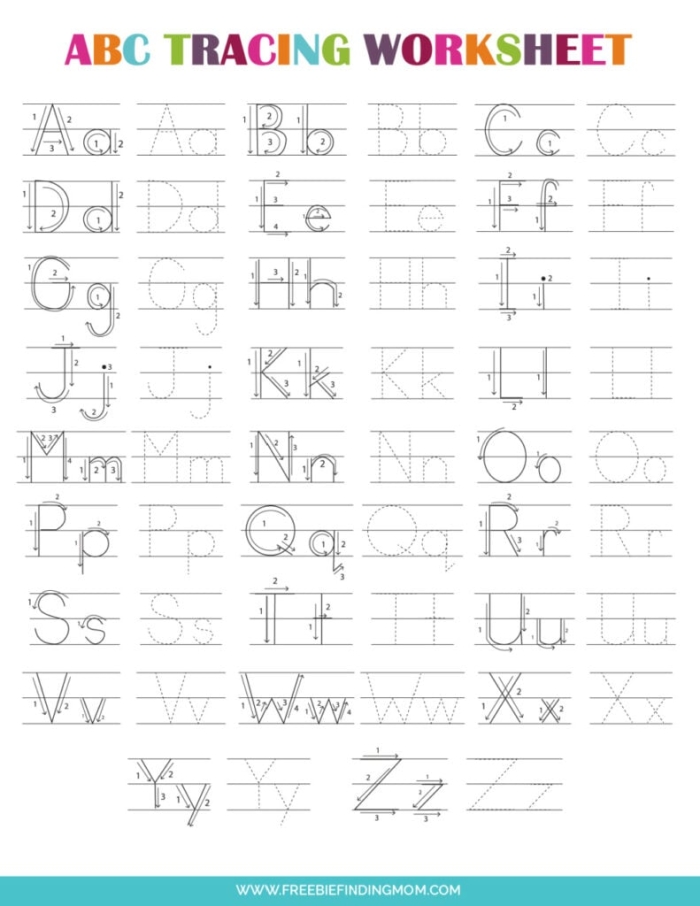 Worksheet for Pre-K children to practice writing letters A, B, and C on page 9 Preschool handwriting worksheet with missing letters A, B, and C to complete
