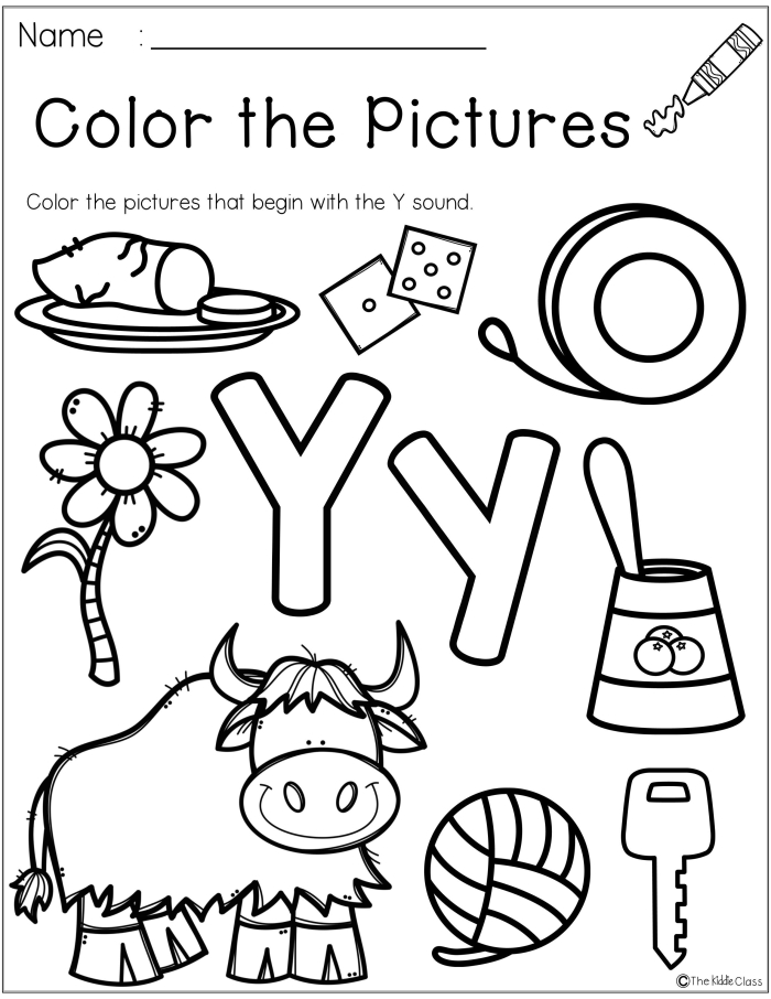 Preschool worksheet featuring the letter Y with coloring activities to explore letter sounds