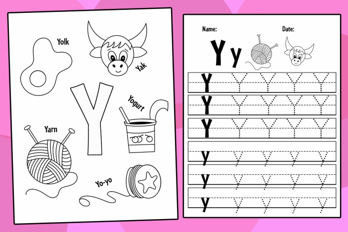 Preschool child coloring a Y Is For... worksheet to learn the letter Y and its sounds