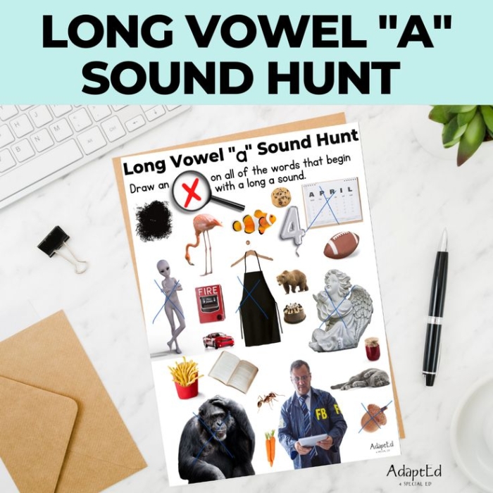 Preschool Long Vowel Hunt worksheet featuring simple words to identify long vowel sounds