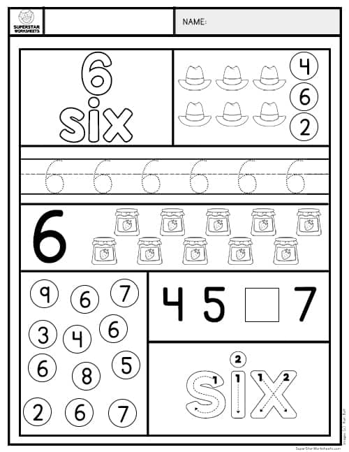 Color and count the number 6 in this engaging Pre-K worksheet for early learners Preschoolers coloring a number 6 worksheet to uncover hidden stars in a fun math activity