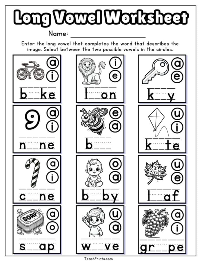 Preschool Long Vowel Hunt worksheet with pictures and words to identify long vowel sounds