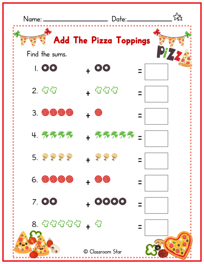 Preschool addition worksheet featuring pizza toppings to practice counting up to 10