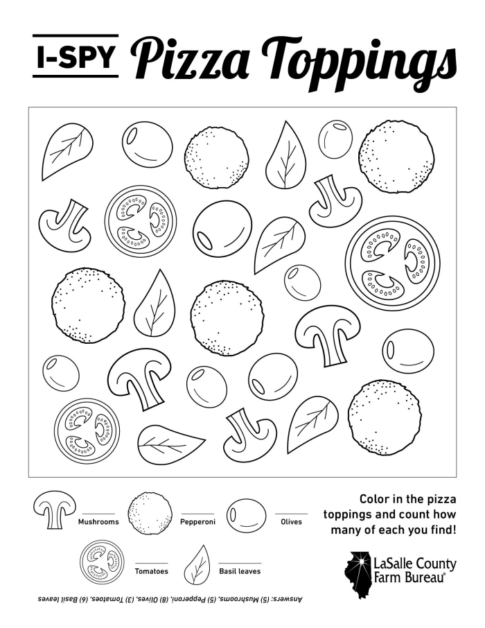 Preschool addition worksheet featuring pizza toppings to practice counting to 10