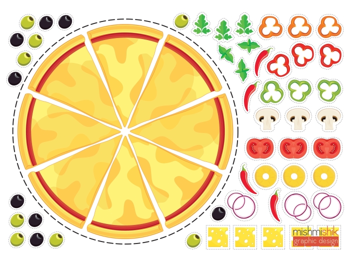 Preschool addition worksheet featuring pizza toppings to practice adding numbers up to 10