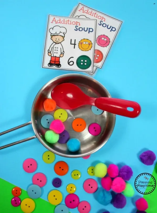 Preschool addition worksheet featuring pizza toppings to practice adding numbers up to 10