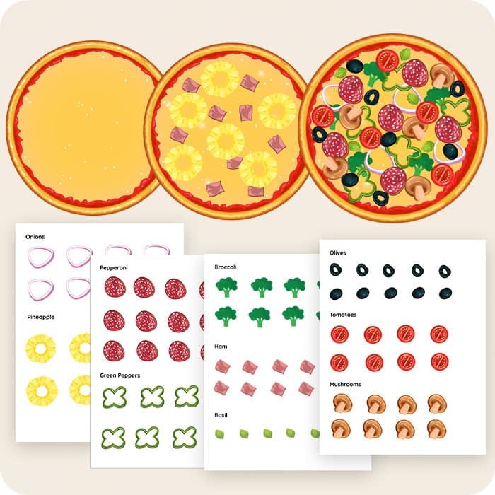 Preschool addition worksheet featuring pizza toppings to practice adding numbers up to 10