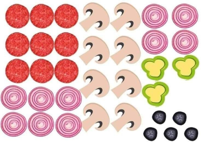 Preschool addition worksheet featuring pizza toppings for counting practice up to ten