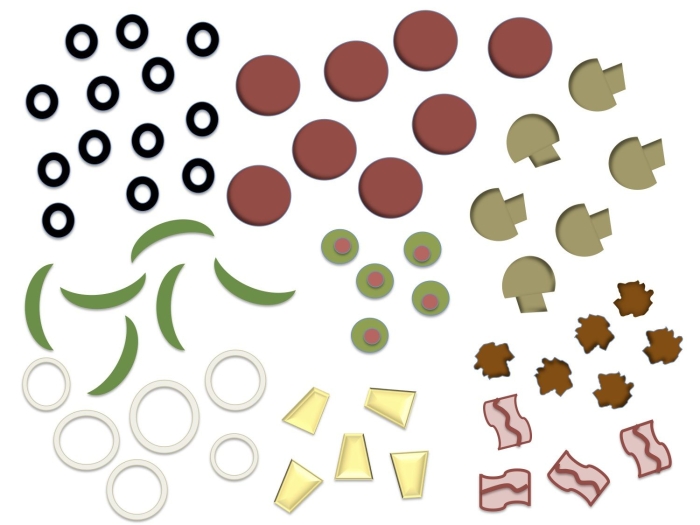 Preschool addition worksheet featuring pizza toppings to practice adding up to 10