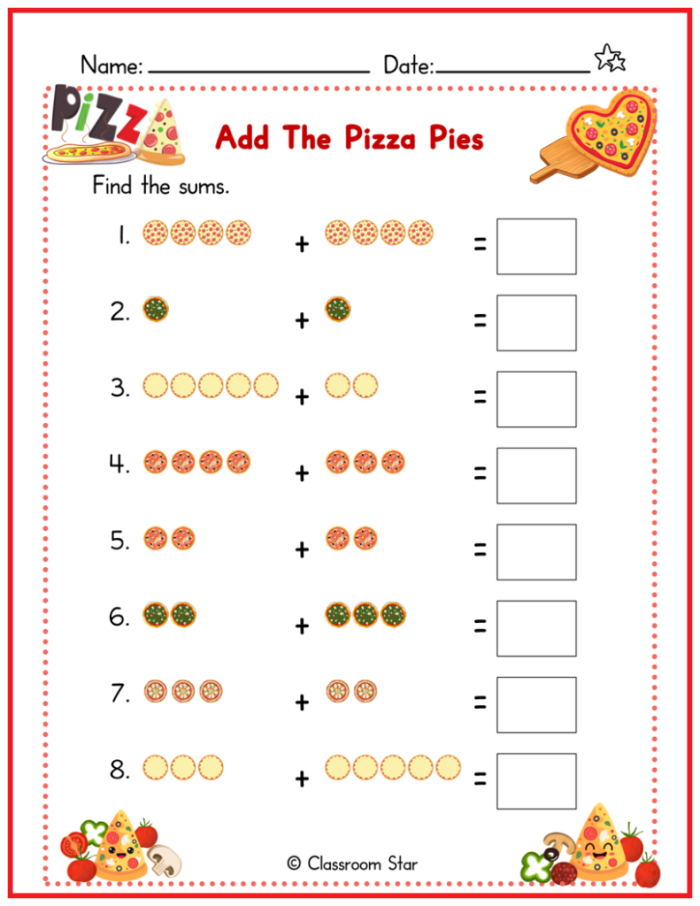 Preschool addition worksheet featuring pizza toppings to practice adding numbers up to ten