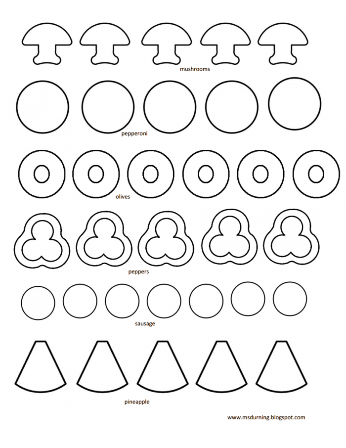 Preschool addition worksheet featuring pizza toppings to practice counting up to ten