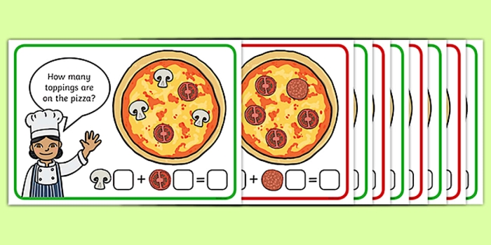 Preschool addition worksheet featuring pizza toppings for counting practice