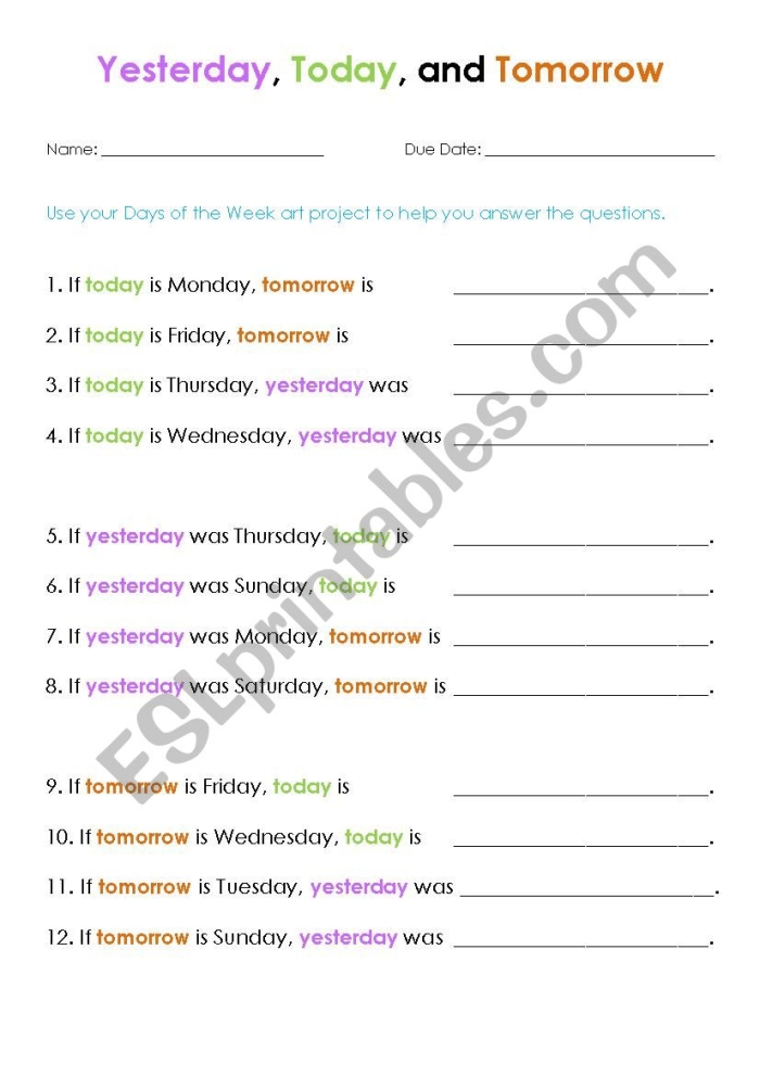 Preschool worksheet illustrating the concepts of yesterday, today, and tomorrow with simple drawings