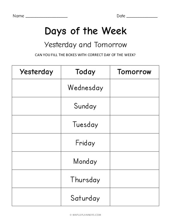 Preschooler completing a Yesterday, Today, Tomorrow worksheet with drawings and numbers