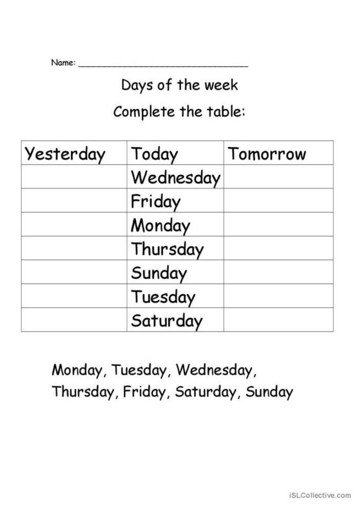Preschool worksheet illustrating the concepts of yesterday, today, and tomorrow with simple drawings