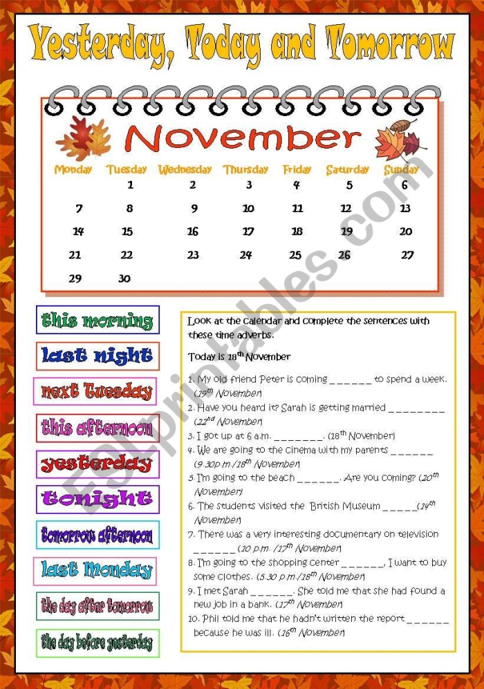Preschool worksheet showing drawings for yesterday, today, and tomorrow concepts