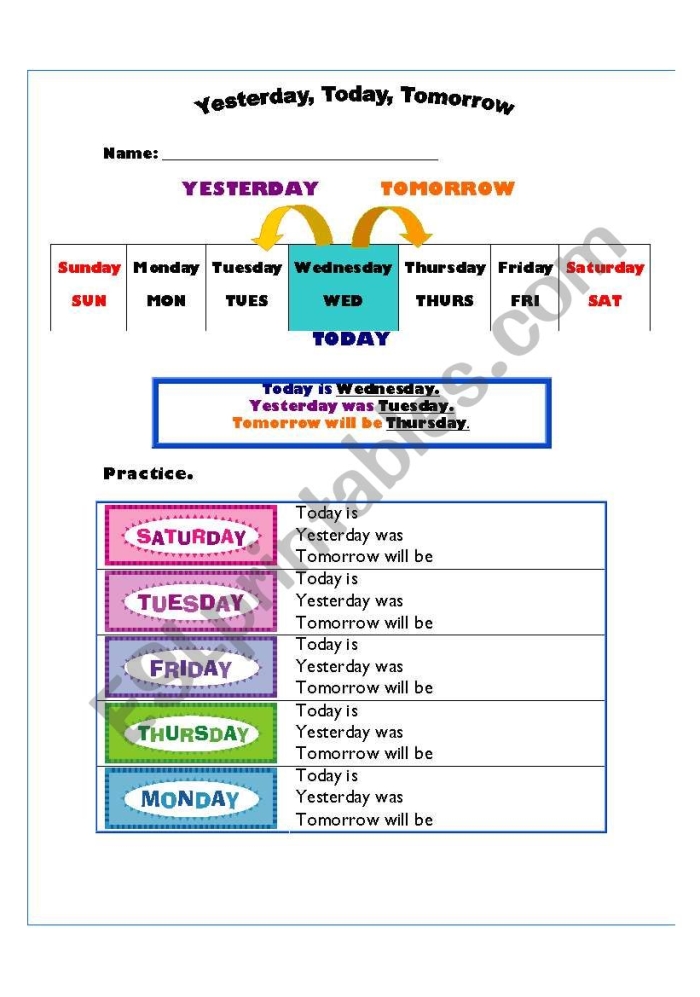 Preschool worksheet illustrating the concepts of yesterday, today, and tomorrow through drawing activities