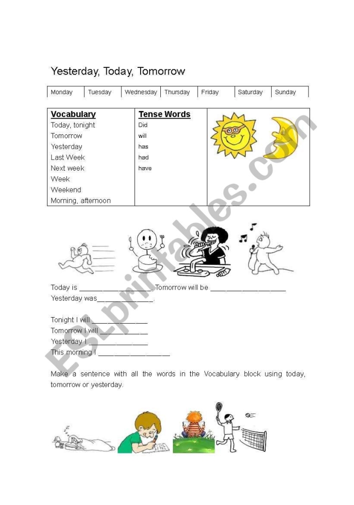 Preschool worksheet illustrating yesterday, today, and tomorrow concepts with drawings