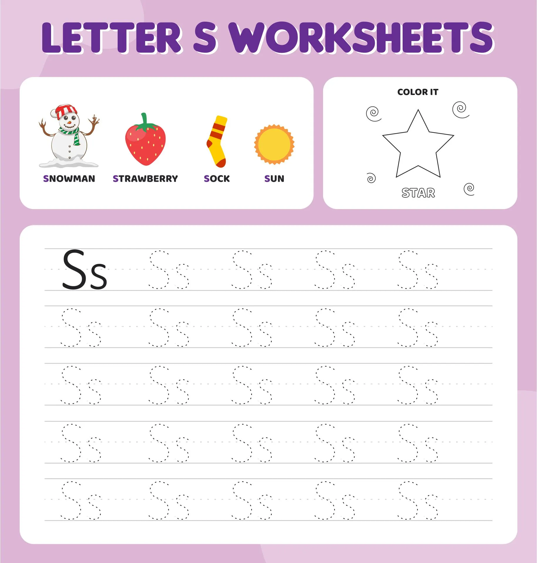 Engaging S Is For... worksheet designed for Pre-K learning and fun Colorful worksheet for preschoolers featuring the letter S and related rhymes