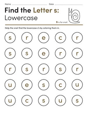 Lowercase s discovery activity for early learners featuring a friendly snail on worksheet 5 Pre-K addition worksheet where children spot lowercase s letters with a snail theme