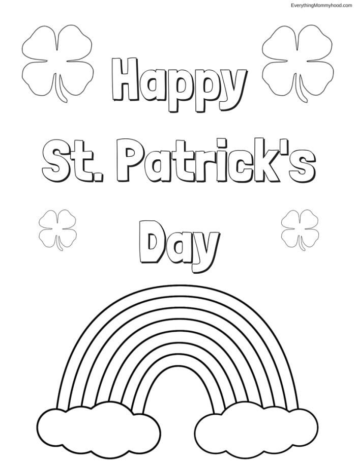 Preschool St. Patrick's Day coloring worksheet featuring fun shamrocks and a leprechaun hat