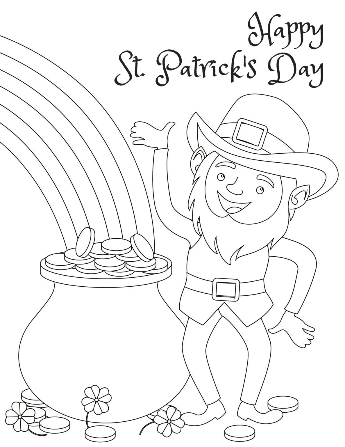 Preschool St. Patrick's Day coloring sheet with festive shamrocks and a rainbow
