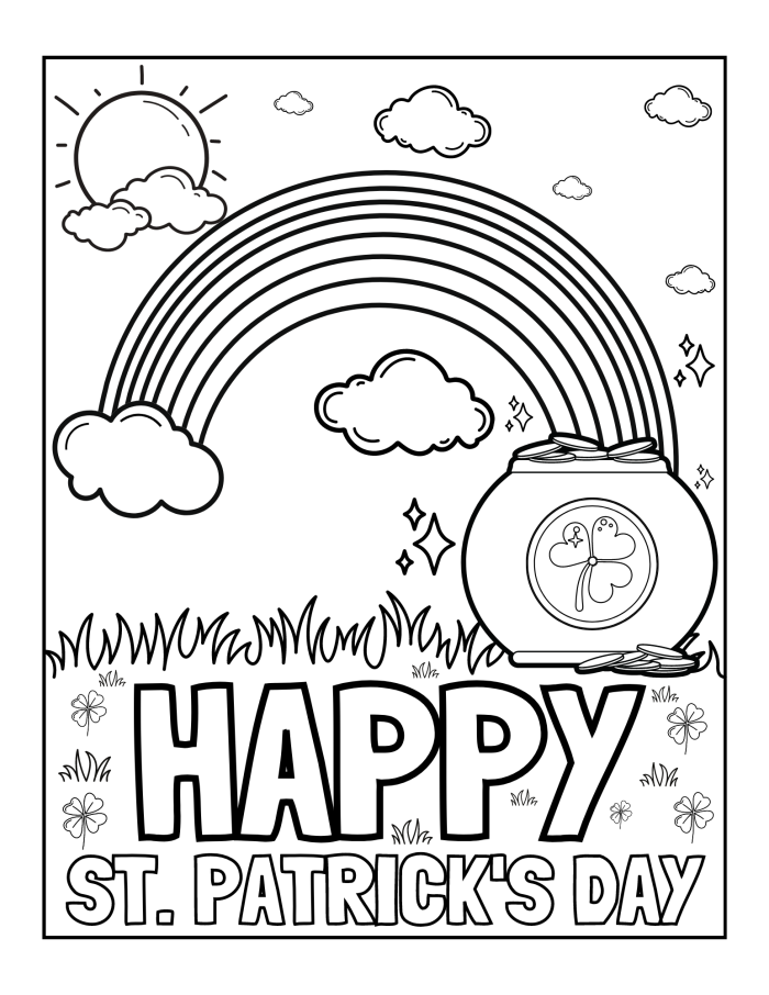 Preschool St. Patrick's Day coloring worksheet with clovers and cheerful designs