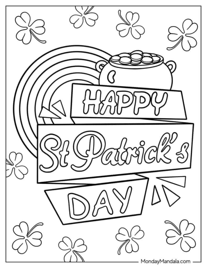 Preschool St. Patrick's Day coloring sheet featuring a cheerful leprechaun and shamrocks for early learners